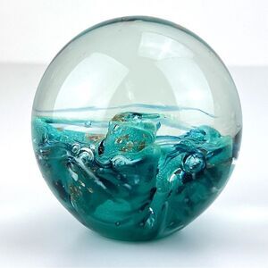 Blue Green Round Shaped Art Glass Paperweight by Roger Vines 1999